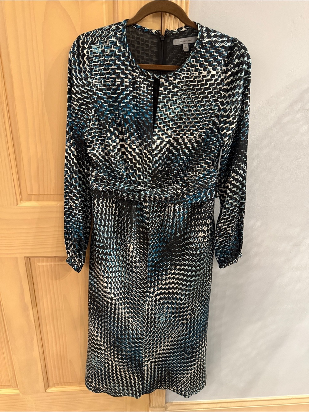 Classiques Entier Geometric Sheath Dress Blue Black White 3/4 Sleeve Size 8